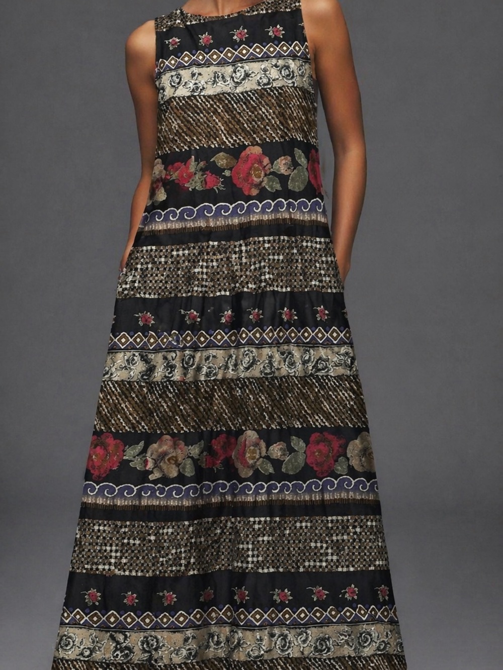 Kathie Lee Collection Black Maxi Dress with Red Floral Stripes